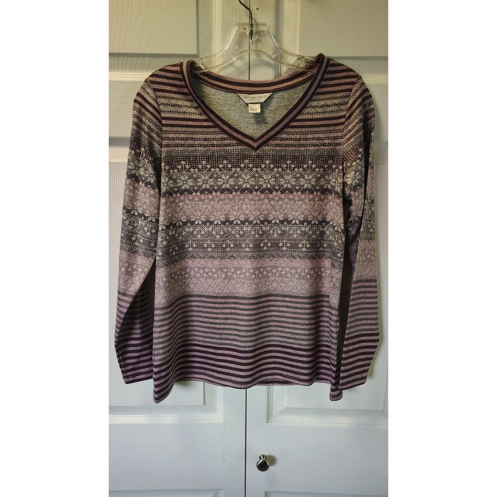 Christopher & Banks Petite Winter Fair Isle Snowflake V-Neck Long Sleeve Top P/S